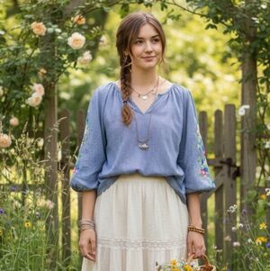 Liz Claiborne Gingham Embroidered Peasant Blouse Blue White Boho Cottagecore 1X